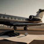 Vintage private jet sits at Teterboro Airport with Manhattan skyline through windows and black gloves and fluttering American