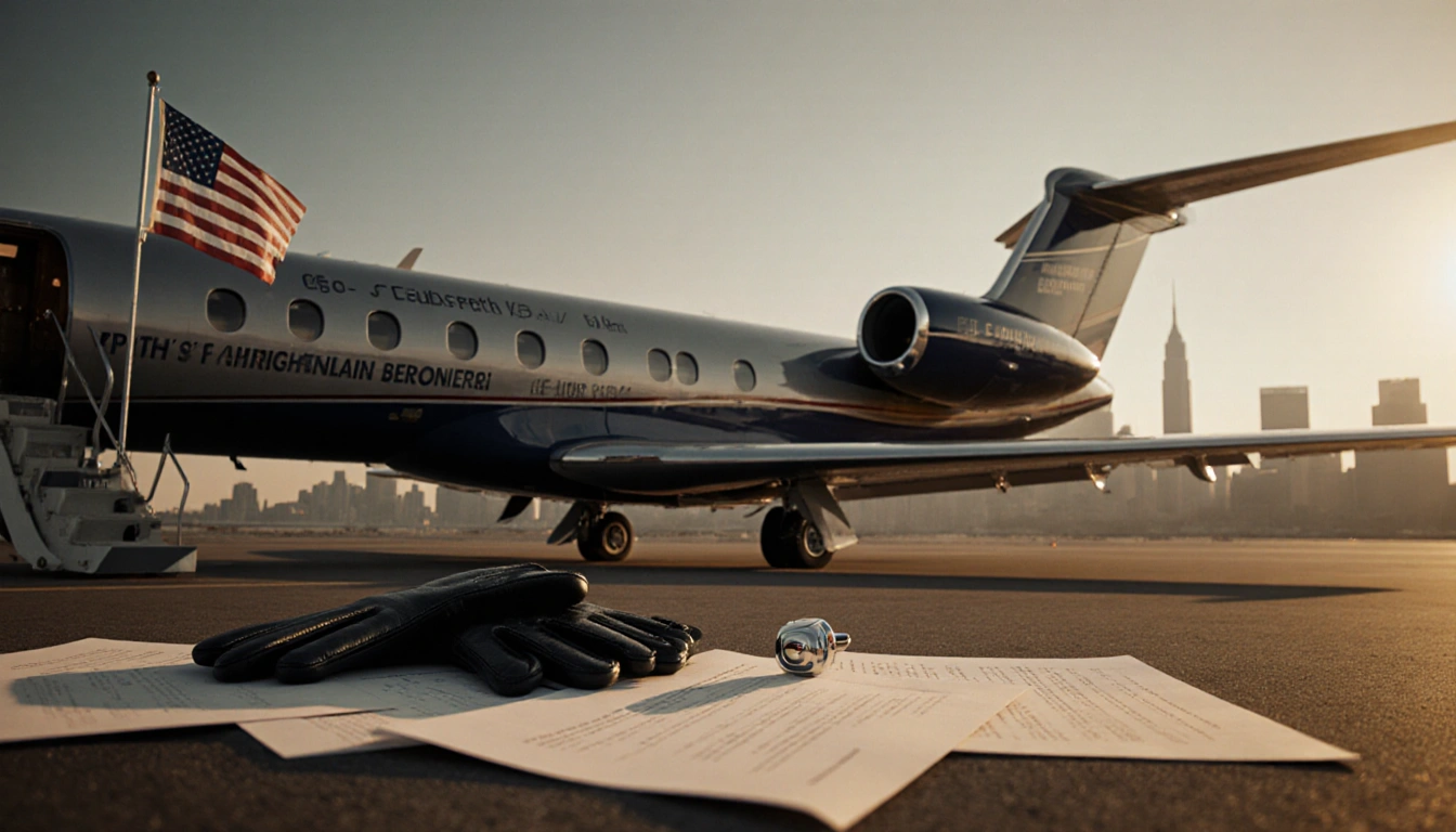Vintage private jet sits at Teterboro Airport with Manhattan skyline through windows and black gloves and fluttering American