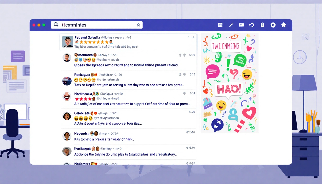 Computer screen scrolling viral video comments with emojis and colorful text bubbles against office backdrop