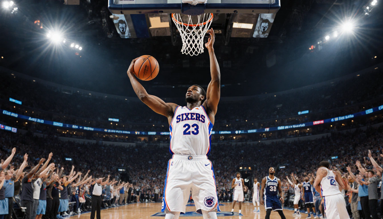 VJ Edgecombe releasing a winning basketball shot with the ball flying through the net and Sixers