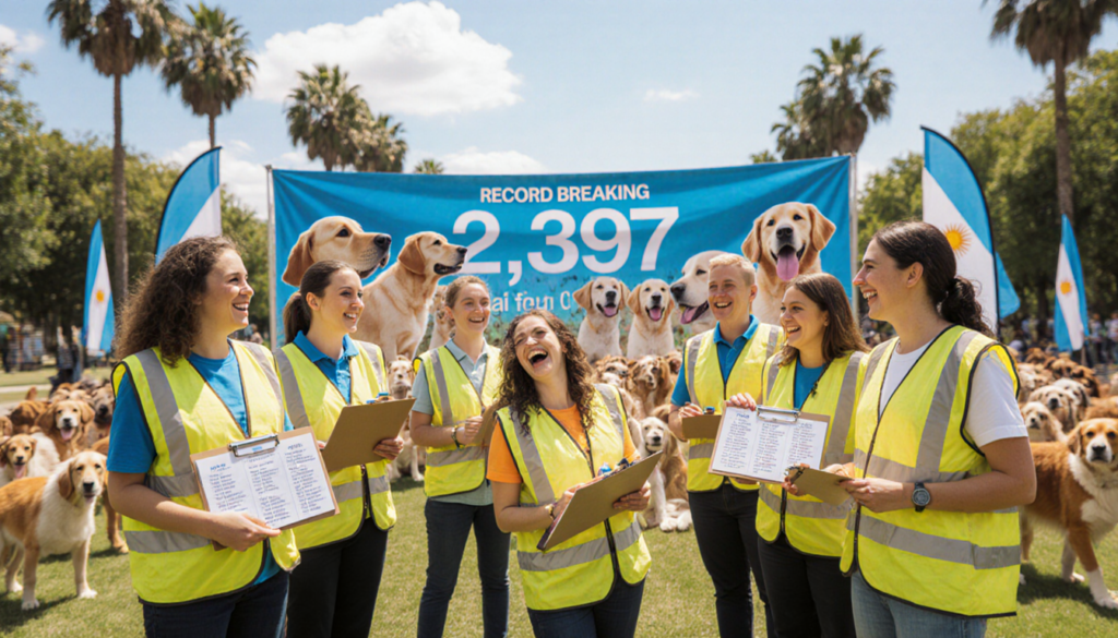 Ten volunteers in yellow vests standing with a large banner announcing 2397 golden retrievers in Argentina dogs behind them