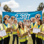 Ten volunteers in yellow vests standing with a large banner announcing 2397 golden retrievers in Argentina dogs behind them