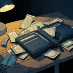 Cluttered wallet spilling bills and receipts on worn wooden table with dark blue and gray tones and faint golden lamp glow
