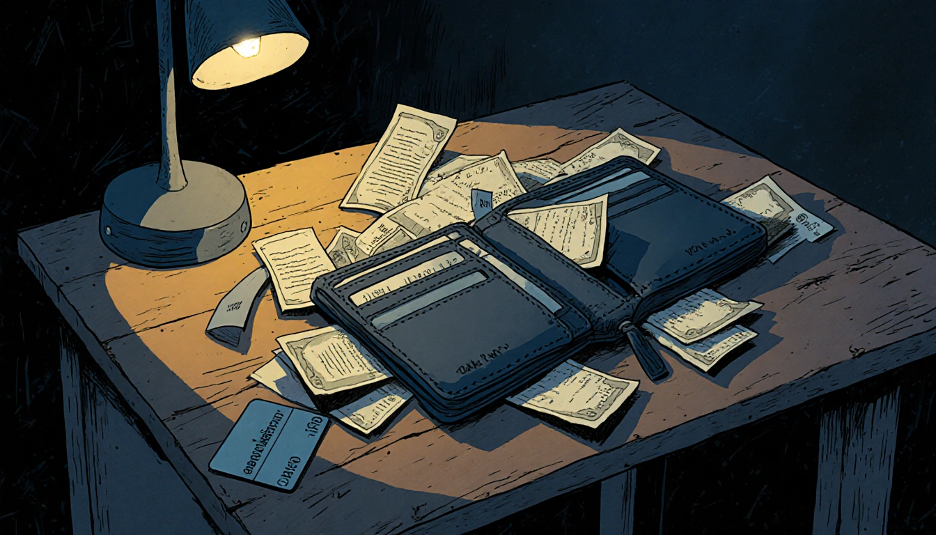 Cluttered wallet spilling bills and receipts on worn wooden table with dark blue and gray tones and faint golden lamp glow