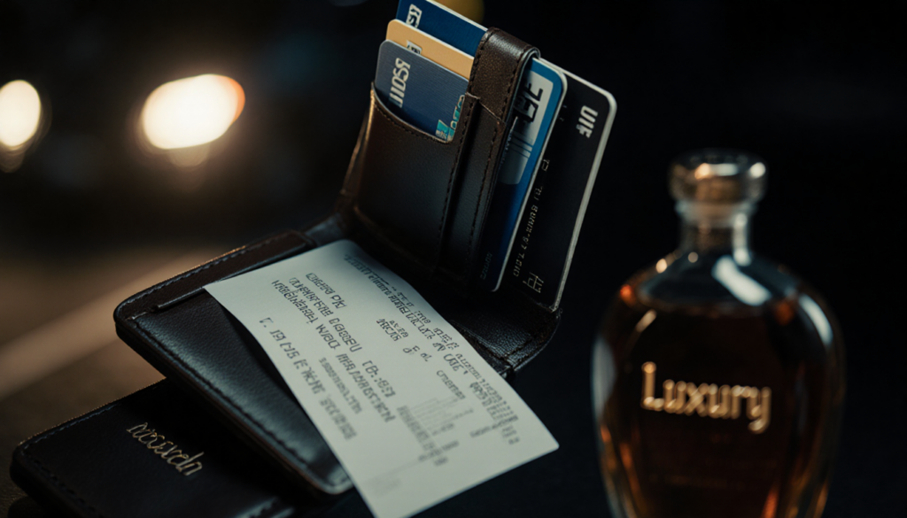 Wallet opens revealing credit cards with $65k liquor receipt and luxury bottle beside blurred Pennsylvania highway