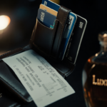 Wallet opens revealing credit cards with $65k liquor receipt and luxury bottle beside blurred Pennsylvania highway