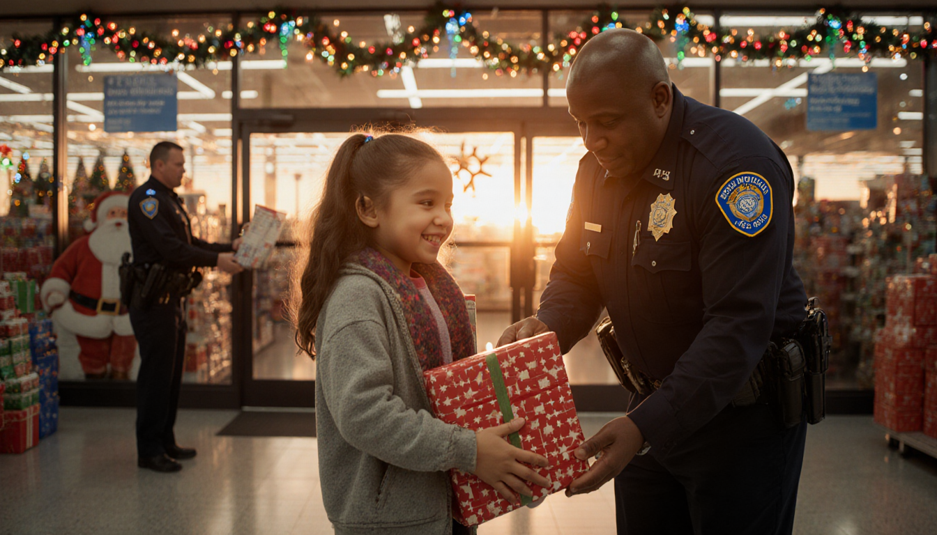 Police officer guiding smiling girl trying on a Christmas gift with Walmart storefront at sunset and festive lights.