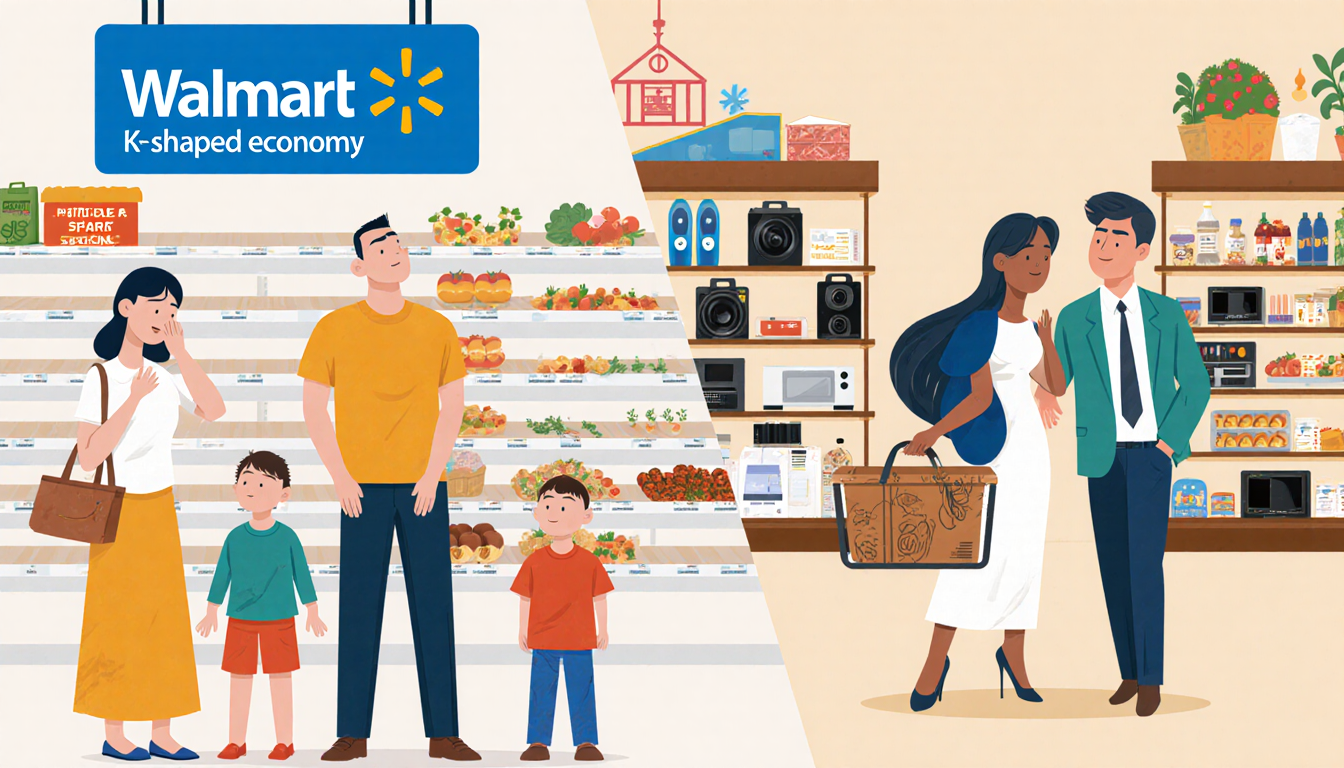 Middle‑class family searching empty Walmart shelves while affluent couple browses K‑shaped luxury items side by side