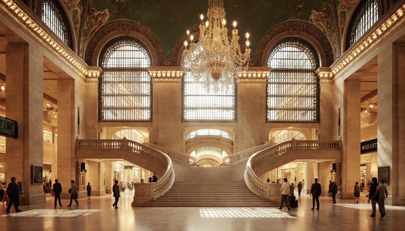 Wanamaker Building stands with Beaux-Arts facade and golden light revealing interior staircase