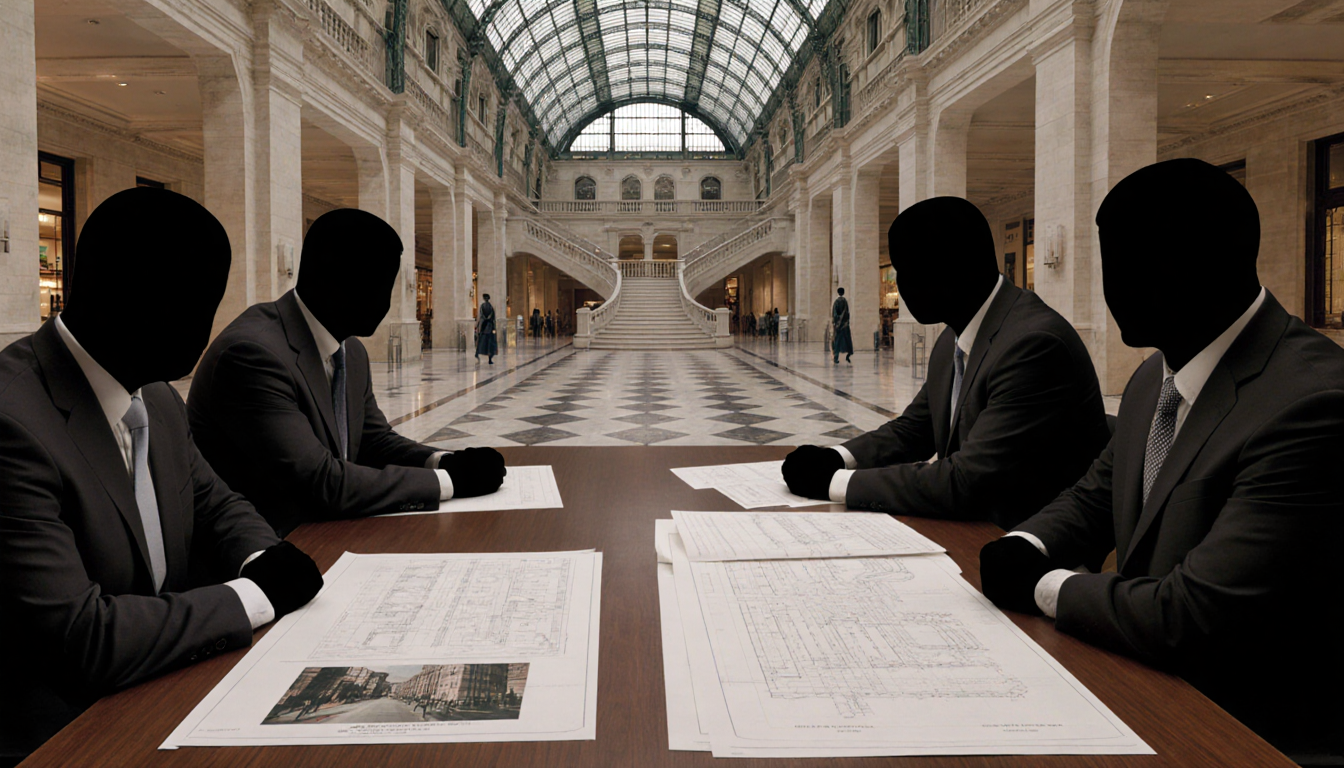 Commission members reviewing Wanamaker Building renovation plans with documents and blueprints near a dimly lit desk