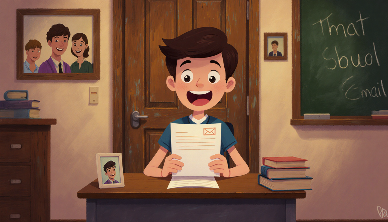 High school student sits at desk holding letter from Duffer brothers with nostalgic classroom door and lighting