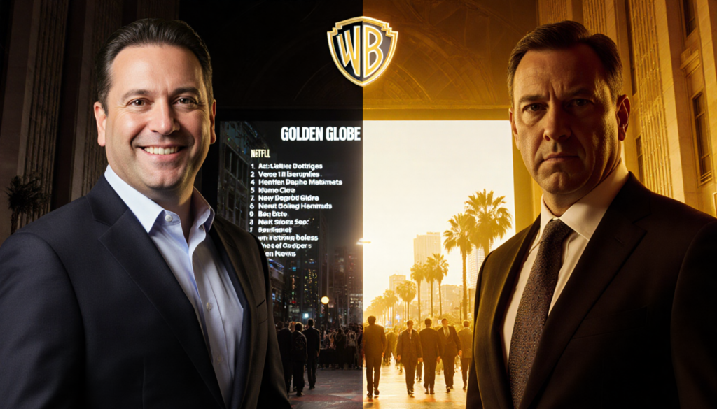 Warner Bros. Discovery CEO smiling and Netflix CEO stern in split-screen with Golden Globe nominations and Hollywood glow beh