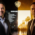 Warner Bros. Discovery CEO smiling and Netflix CEO stern in split-screen with Golden Globe nominations and Hollywood glow beh