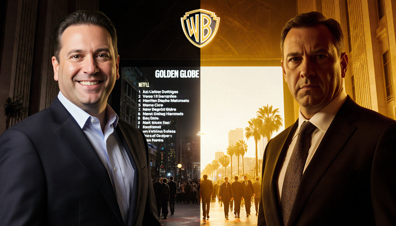 Warner Bros. Discovery CEO smiling and Netflix CEO stern in split-screen with Golden Globe nominations and Hollywood glow beh