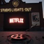 Film reel lies on ground with Netflix logo glowing above and crooked Hollywood poster behind