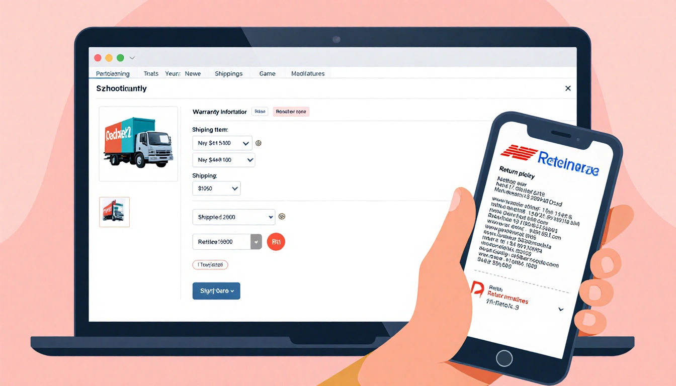Person standing holds phone showing return policy with screen displaying warranty info near company and retailer logos.
