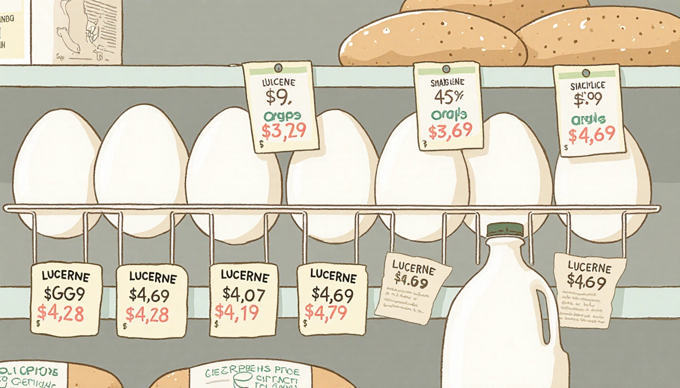 Grocery shelf holds Lucerne eggs with varied price tags and nearby bread and milk.