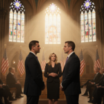 Governors Josh Shapiro and Spencer Cox stand side by side with Savannah Guthrie speaking in National Cathedral dusk with ligh