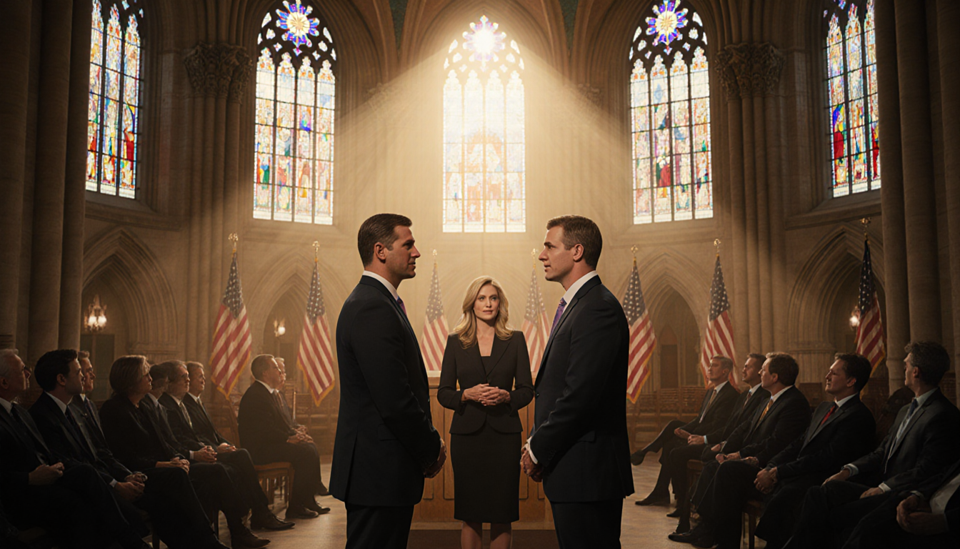 Governors Josh Shapiro and Spencer Cox stand side by side with Savannah Guthrie speaking in National Cathedral dusk with ligh