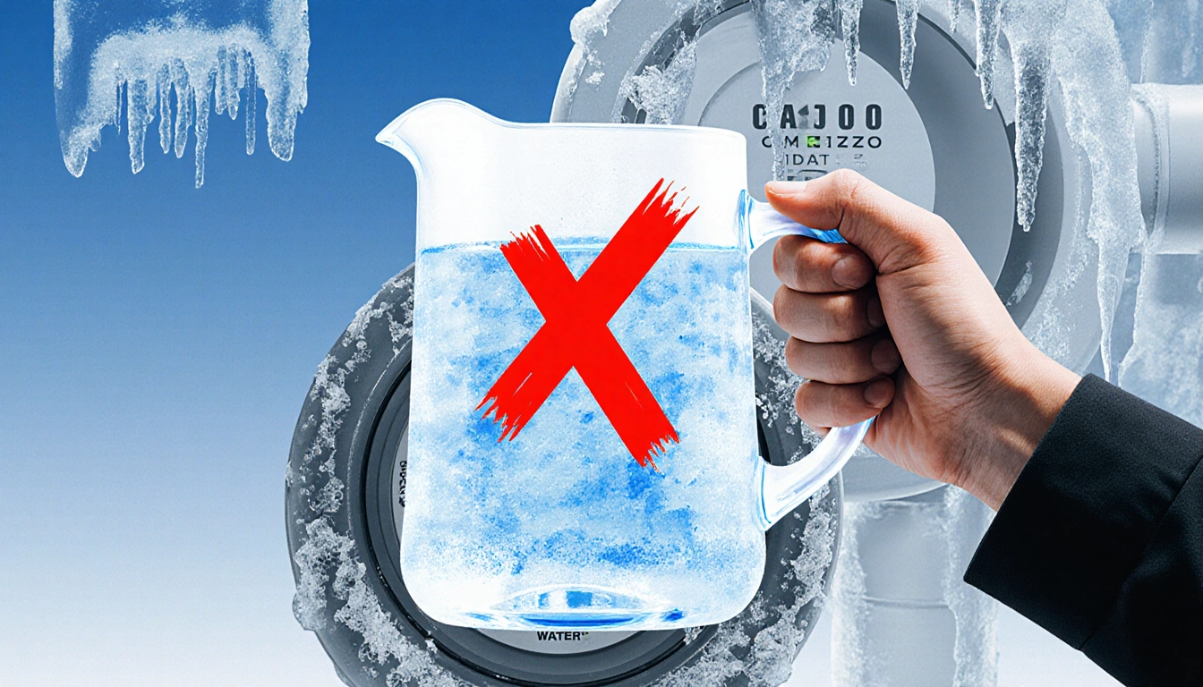 Person holding a pitcher with a red X and a frosted water meter in foreground highlighting water conservation urgency