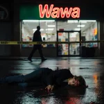 Woman lying on wet pavement with blood trickling under spotlight and police tape in background near Wawa neon