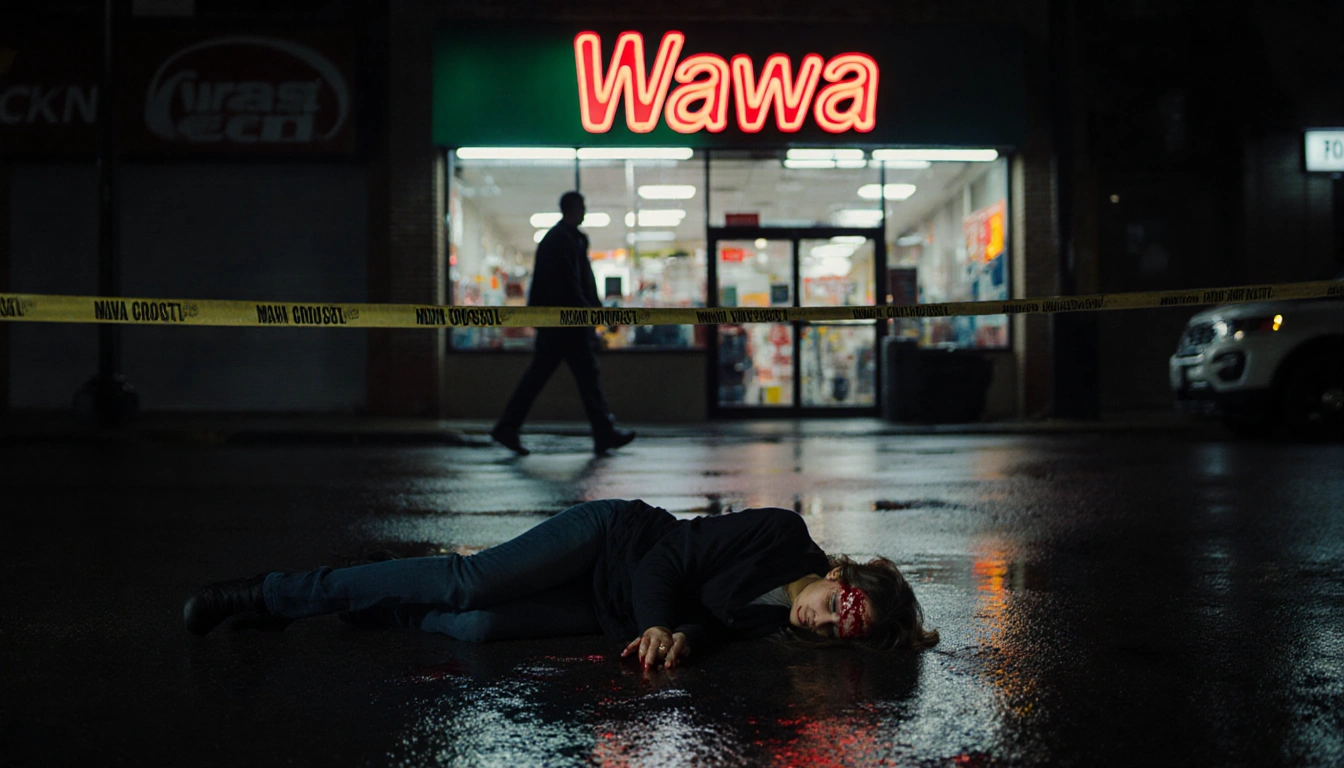 Woman lying on wet pavement with blood trickling under spotlight and police tape in background near Wawa neon