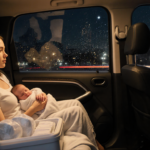 Driverless Waymo vehicle glides through San Francisco night with a mother and newborn in backseat illuminated by warm light.