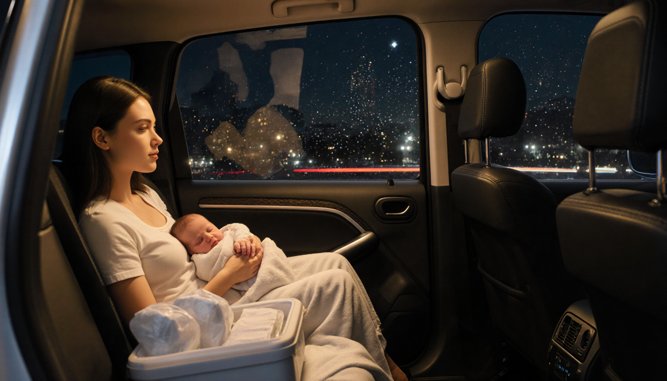 Driverless Waymo vehicle glides through San Francisco night with a mother and newborn in backseat illuminated by warm light.