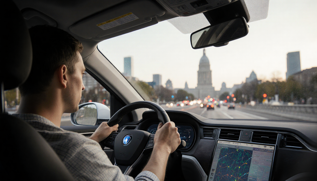 Human safety driver focuses on road ahead while gripping steering wheel with Waymo dash screens near Philadelphia skyline