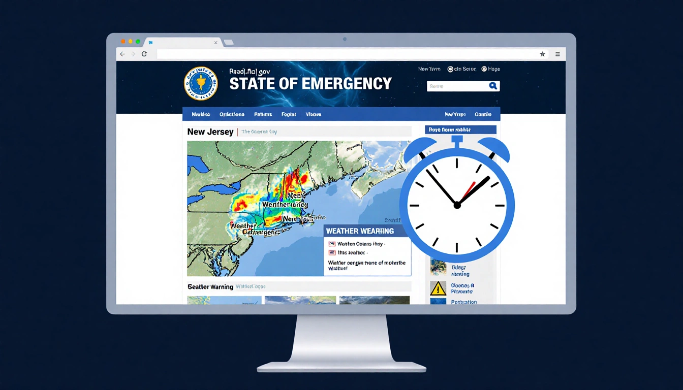 Resident checking laptop with weather emergency banner and 1pm clock on map of New Jersey in foreground
