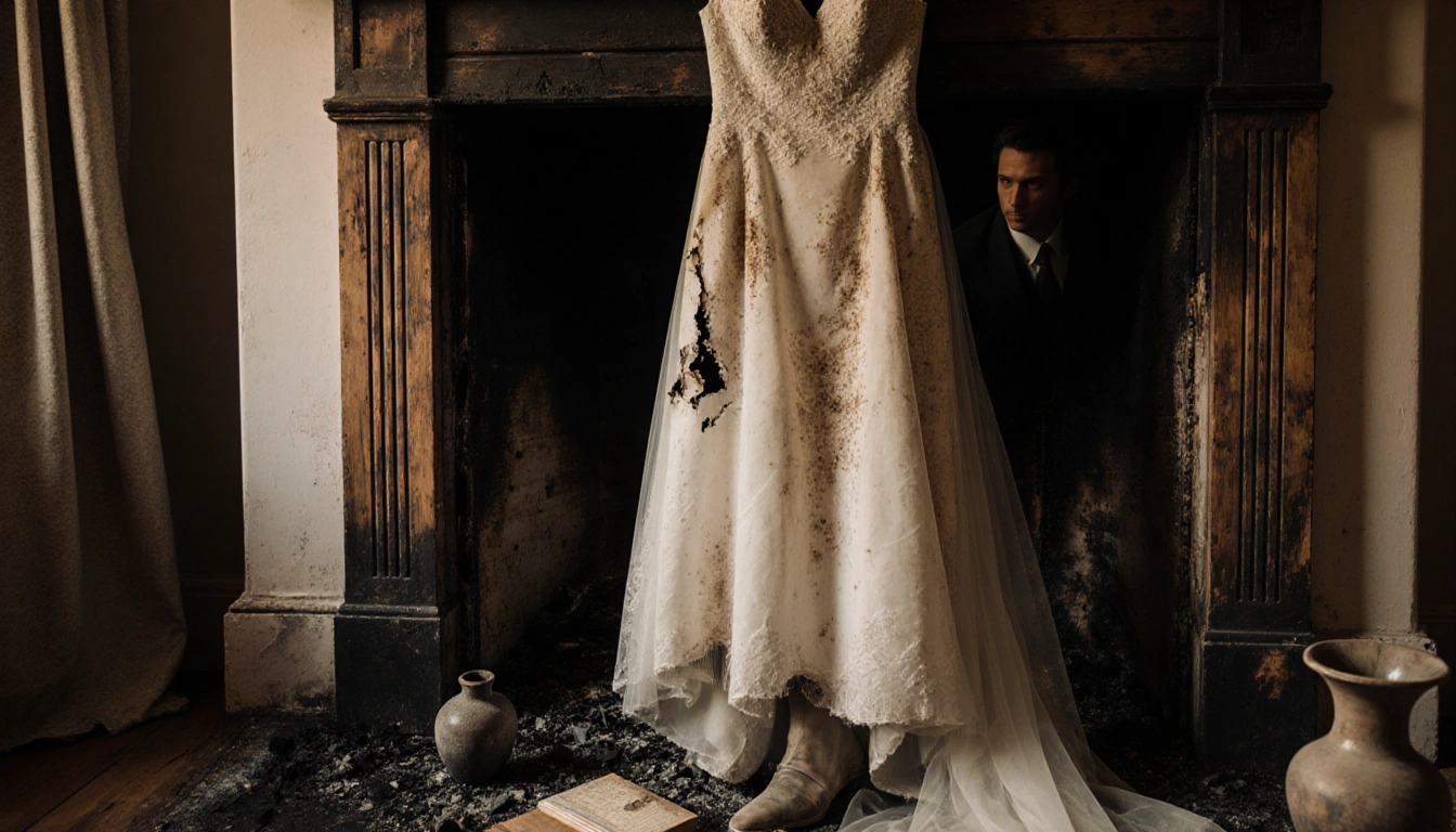 Worn wedding dress hangs from charred frame with soot and smoke over a smoldering fireplace, ashes scattered nearby.