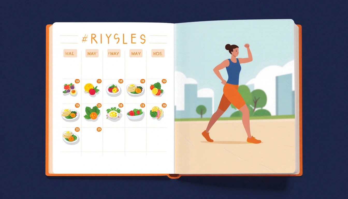 Person doing HIIT workout with colors showing a calendar with highlighted healthy meal days.