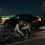 Two teenage girls huddling beside a mangled bicycle with a black sedan crushed behind them.