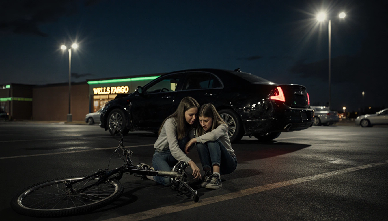 Two teenage girls huddling beside a mangled bicycle with a black sedan crushed behind them.