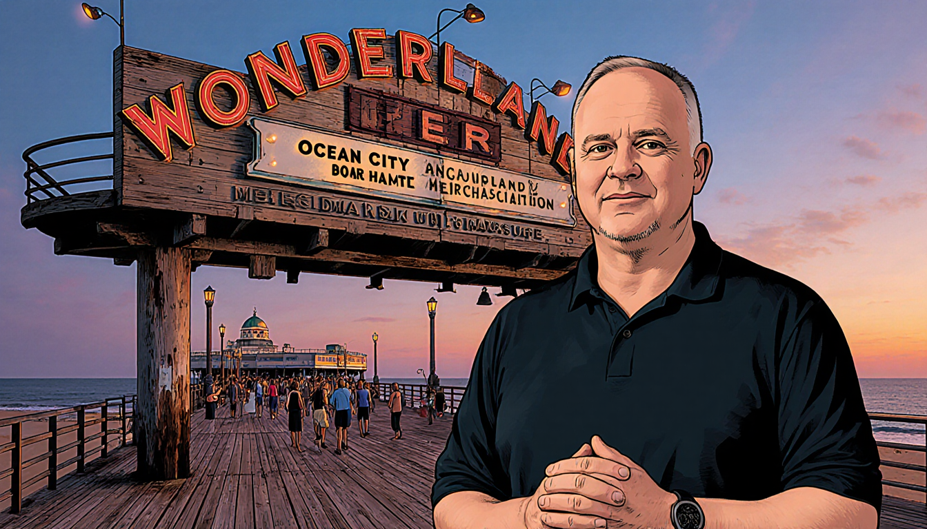Wes Kazmarck standing with clasped hands near faded Wonderland Pier sign in Ocean City with warm lights at dusk