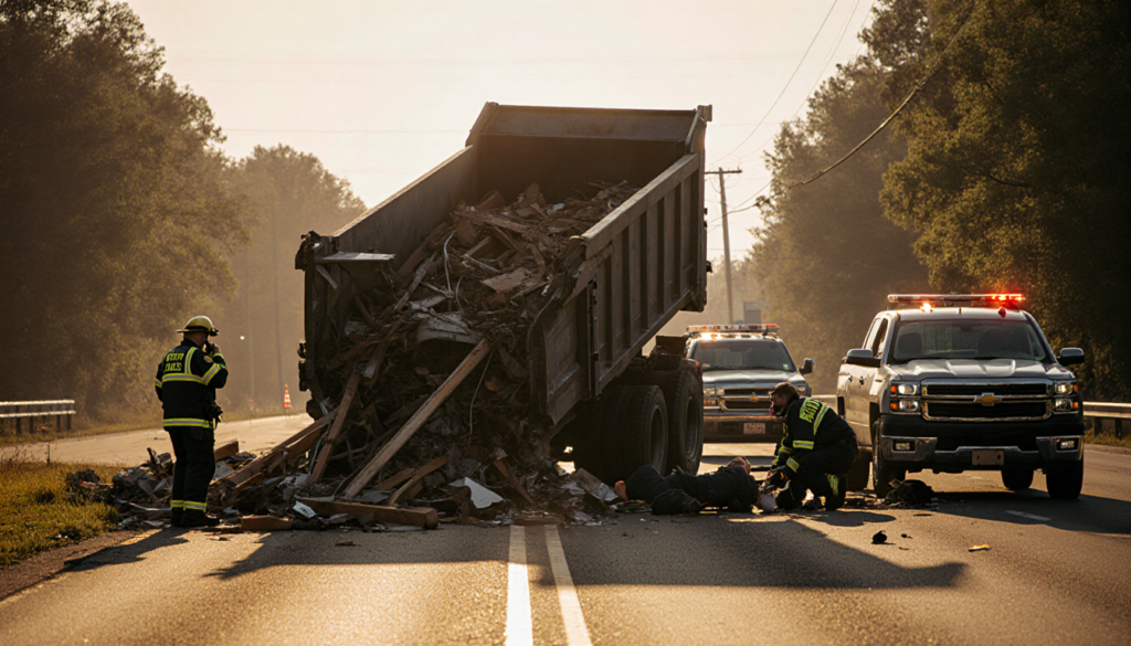 Emergency responders kneel beside injured person with overturned dump truck and scattered debris.