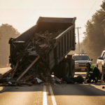 Emergency responders kneel beside injured person with overturned dump truck and scattered debris.