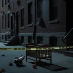 Overturned crib lies on ground with scattered toys and police tape surrounding a wooden bench and forensic equipment