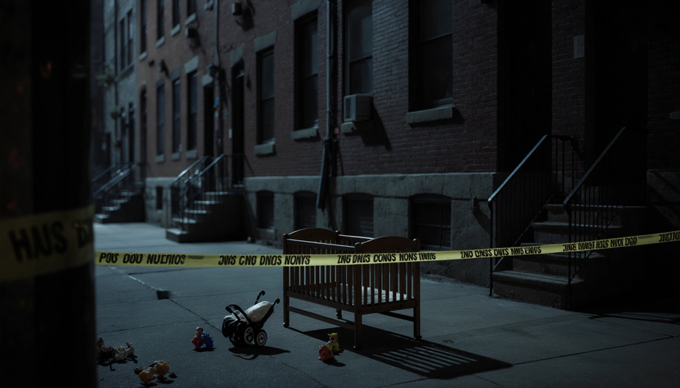 Overturned crib lies on ground with scattered toys and police tape surrounding a wooden bench and forensic equipment