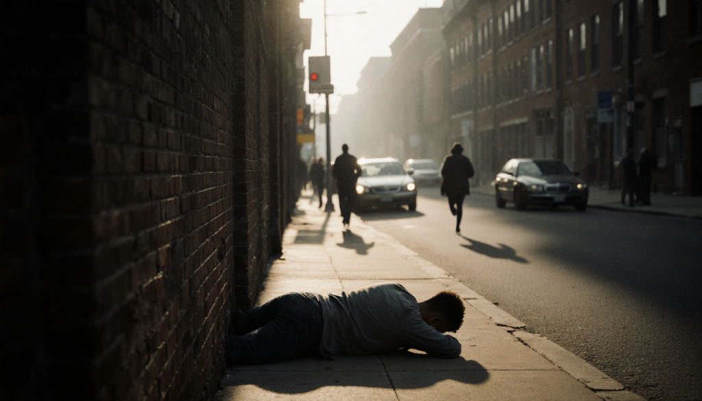 Shadow of a young man lying on ground with misty morning and weathered brick wall in West Philadelphia