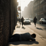 Shadow of a young man lying on ground with misty morning and weathered brick wall in West Philadelphia