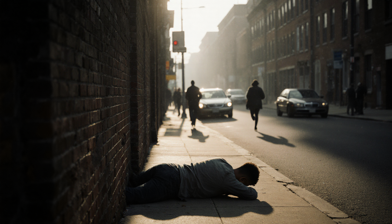 Shadow of a young man lying on ground with misty morning and weathered brick wall in West Philadelphia