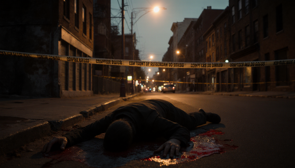 Dark figure lying on street with blood pool and police tape.
