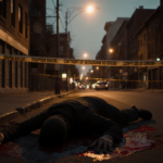 Dark figure lying on street with blood pool and police tape.