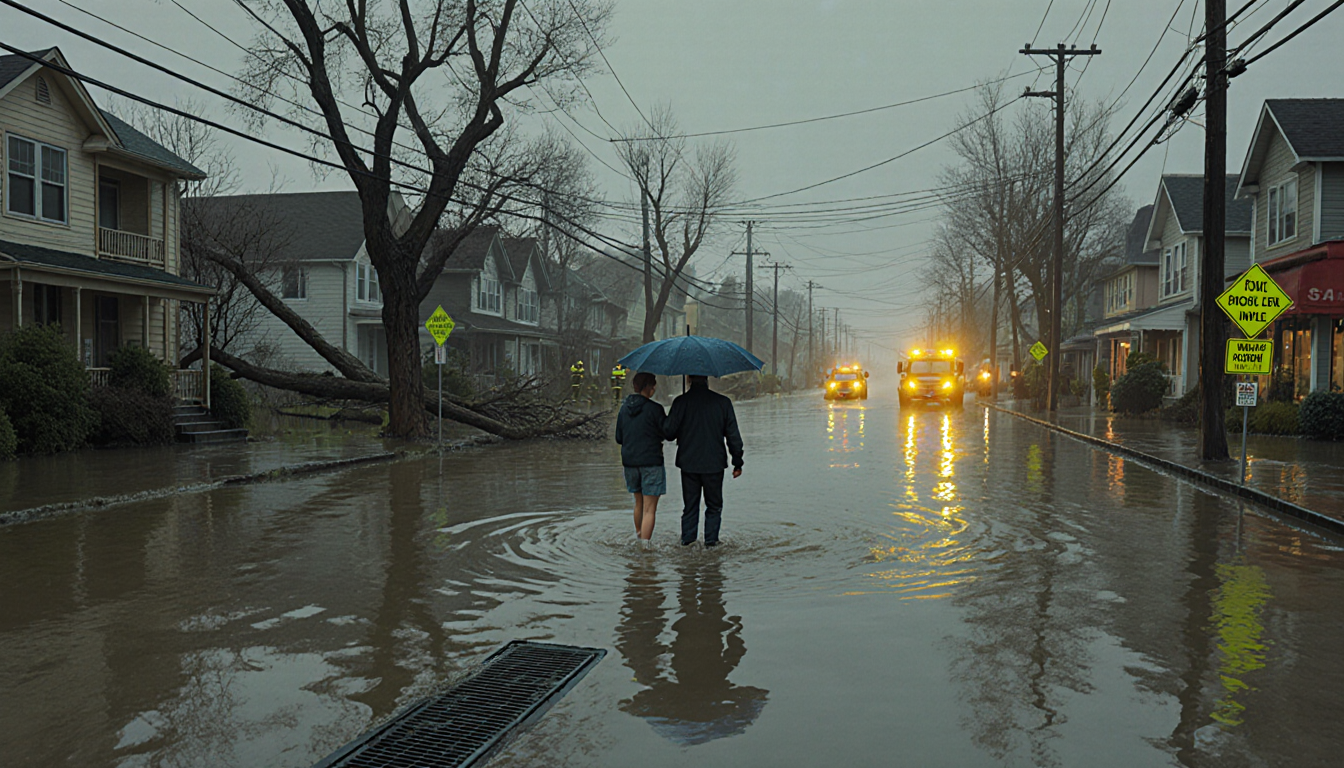 People wading through chest-deep floodwater in Western Washington with umbrellas and worried faces emergency responders nearb