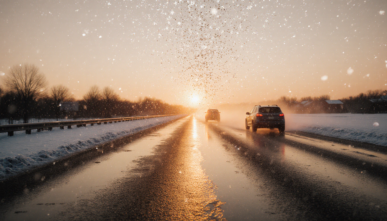 Wet road with rainwater puddles and fresh snow falling under a warm sunset glow, cars drive by leaving steam.