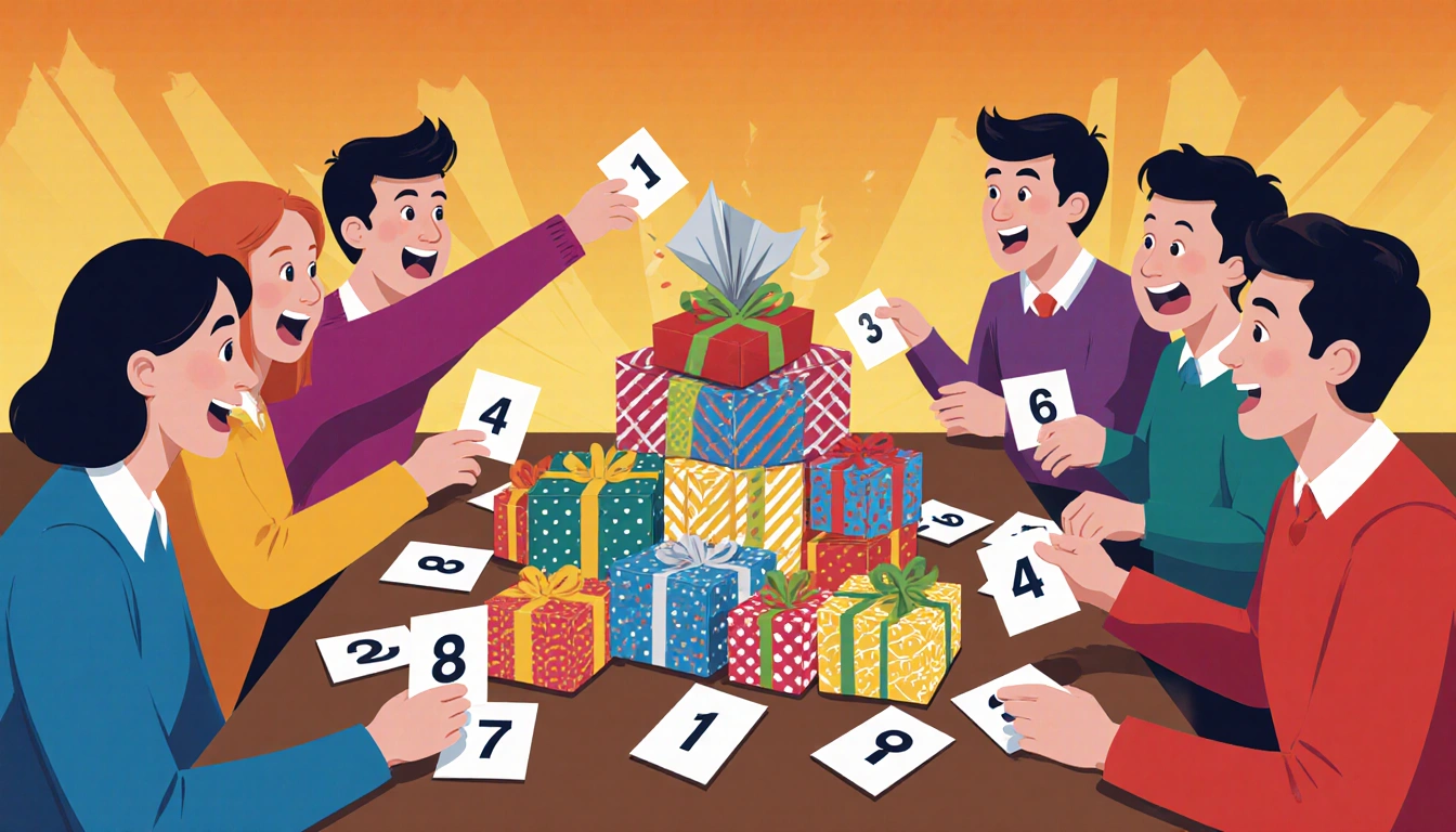Six friends unwrap a surprise gift with bright wrapping and warm light each holding numbered slips and smiling.