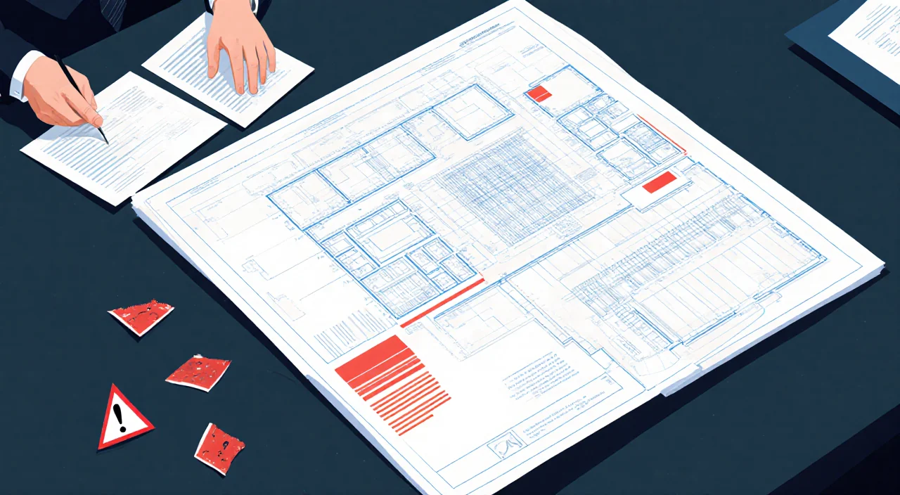 Government official reviewing blueprint on table with classified documents and red flag warnings