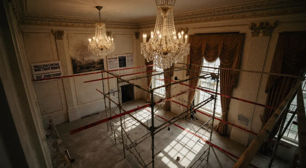 Aerial view of White House ballroom construction with half‑finished chandeliers and protest signs behind scaffolding.