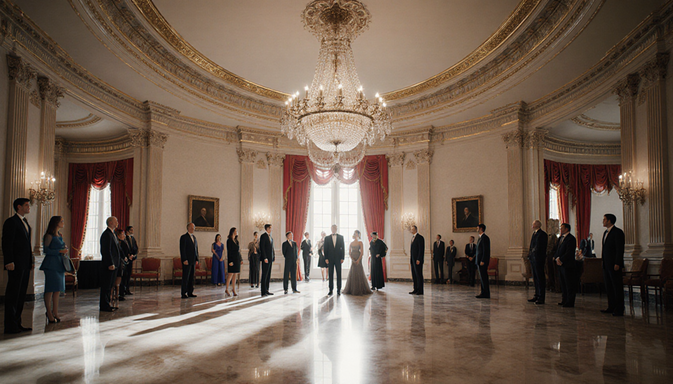 White House ballroom guests poised near grand chandelier with polished marble floor.